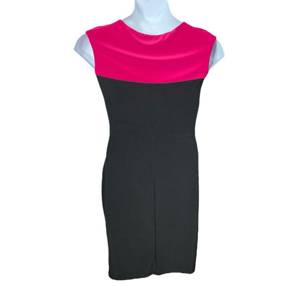CHAPS Colorblock Dress Stretchy Ruched Side Small Fuchsia Black - Picture 7 of 8
